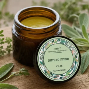 צנצנת זכוכית חומה עם משחה לסבוראה ומכסה תואם על רקע עץ ועלים ירוקים